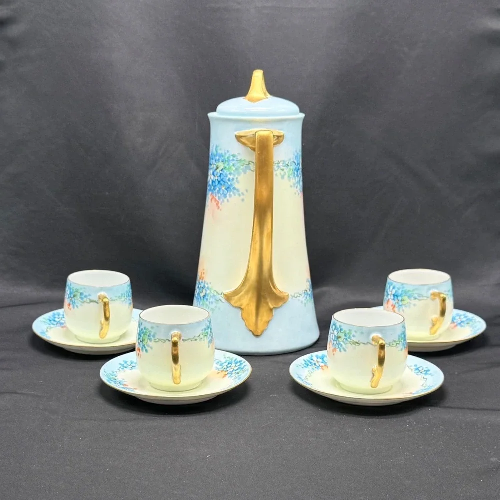 Vintage Porcelain Chocolate Pot Set Blue Floral Gold Gilt 4 Cups and Saucers